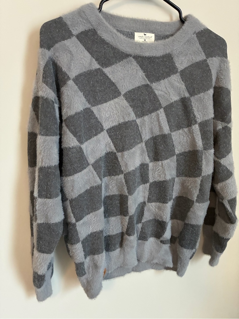 Simply Southern Gray Checkered Fuzzy Sweater Size Medium - Picture 4 of 9
